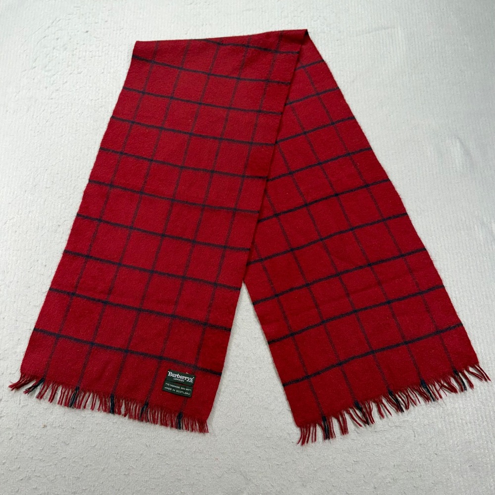 Burberrys Scarf Unisex OS Red Cashmere Wool Windowpane Check Fringed Scotland